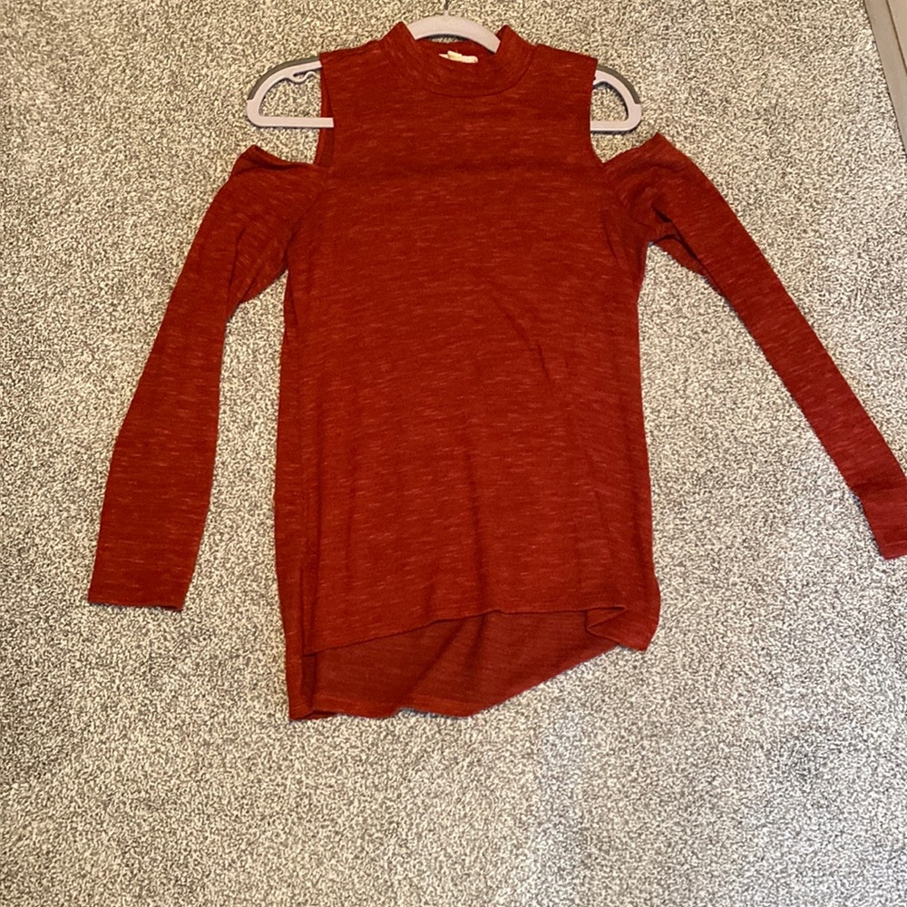 Orange cold shoulder mock neck sweater